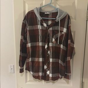 Plaid Flannel Button-Up Hoodie Shirt